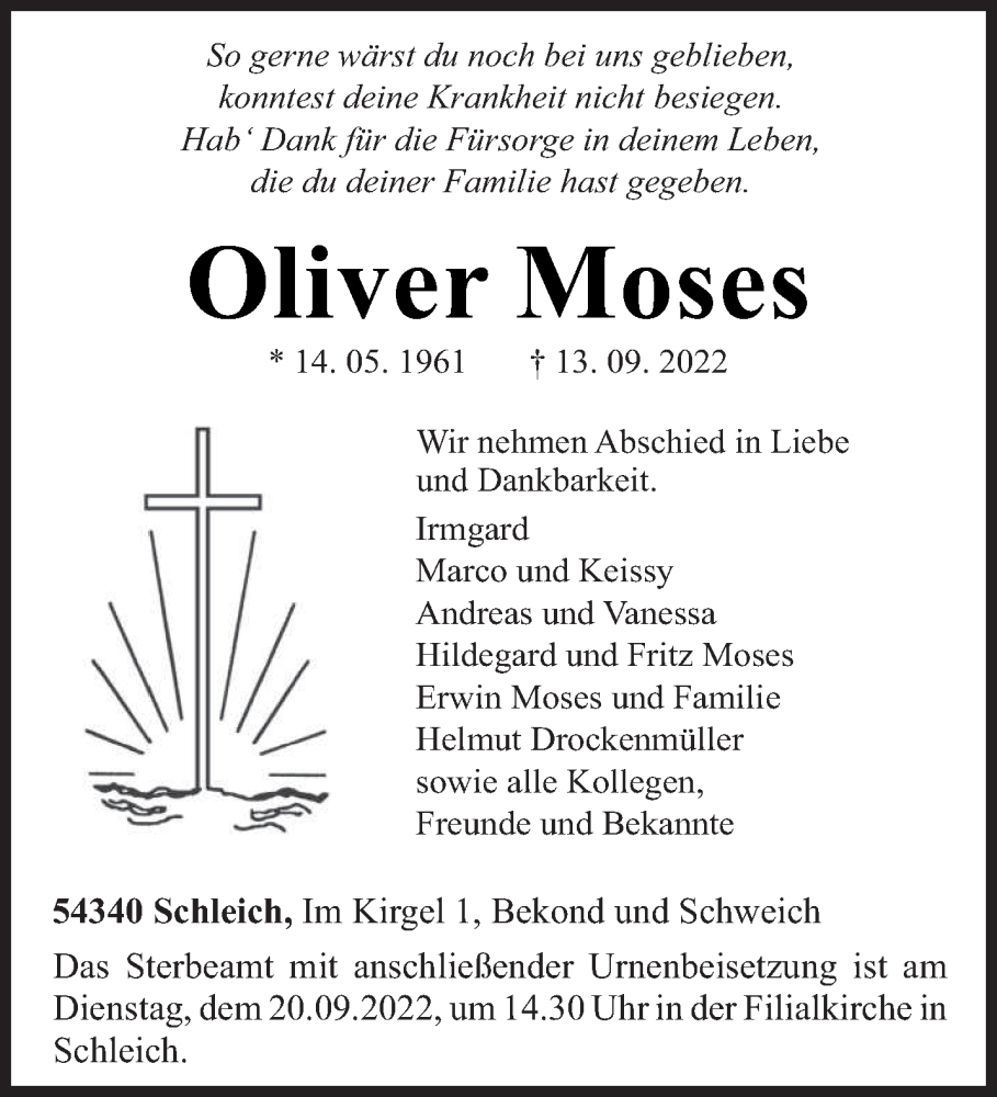  Traueranzeige für Oliver Moses vom 17.09.2022 aus trierischer_volksfreund