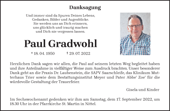 Traueranzeige von Paul Gradwohl von trierischer_volksfreund