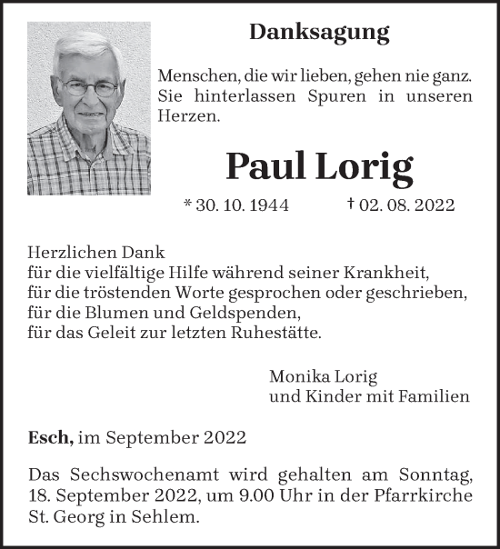 Traueranzeige von Paul Lorig von trierischer_volksfreund