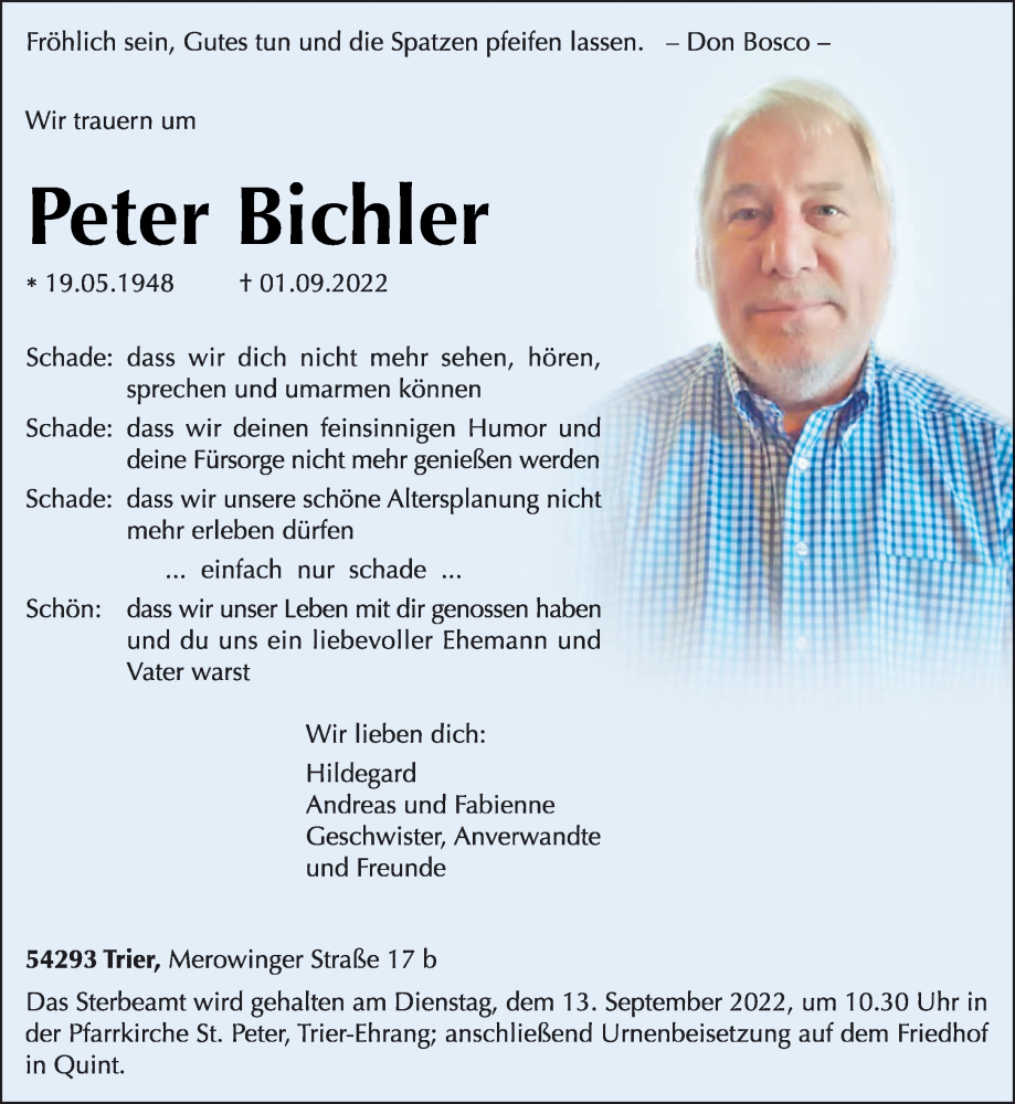  Traueranzeige für Peter Bichler vom 10.09.2022 aus trierischer_volksfreund