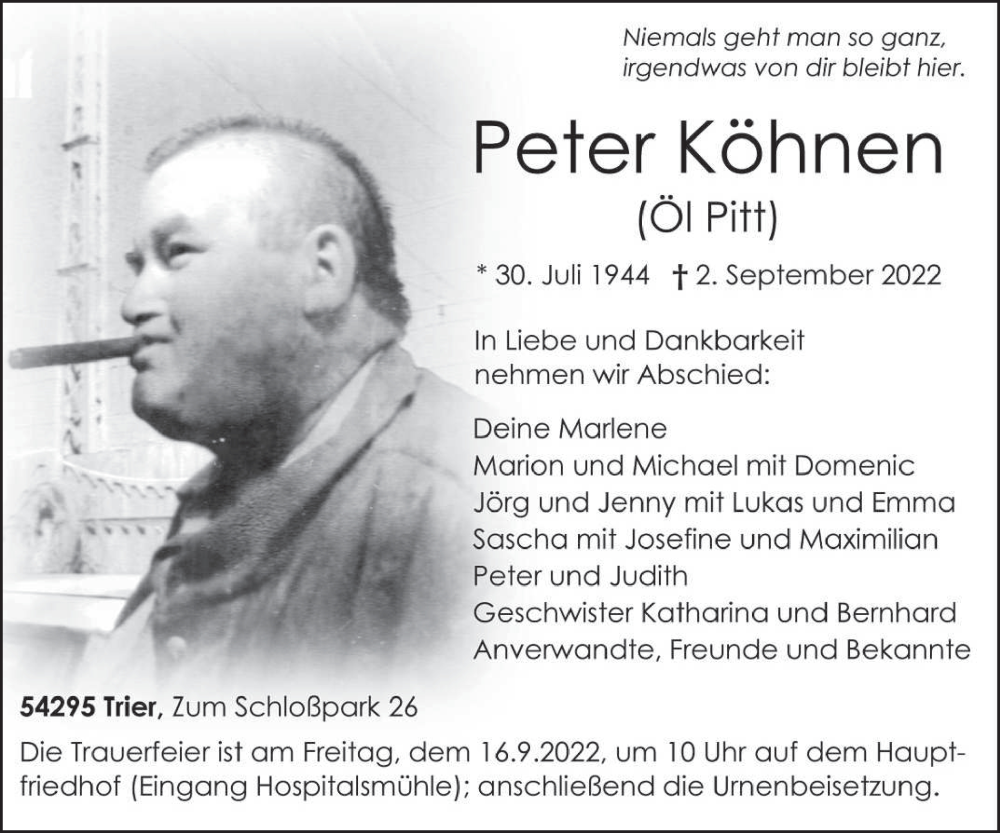  Traueranzeige für Peter Köhnen vom 07.09.2022 aus trierischer_volksfreund