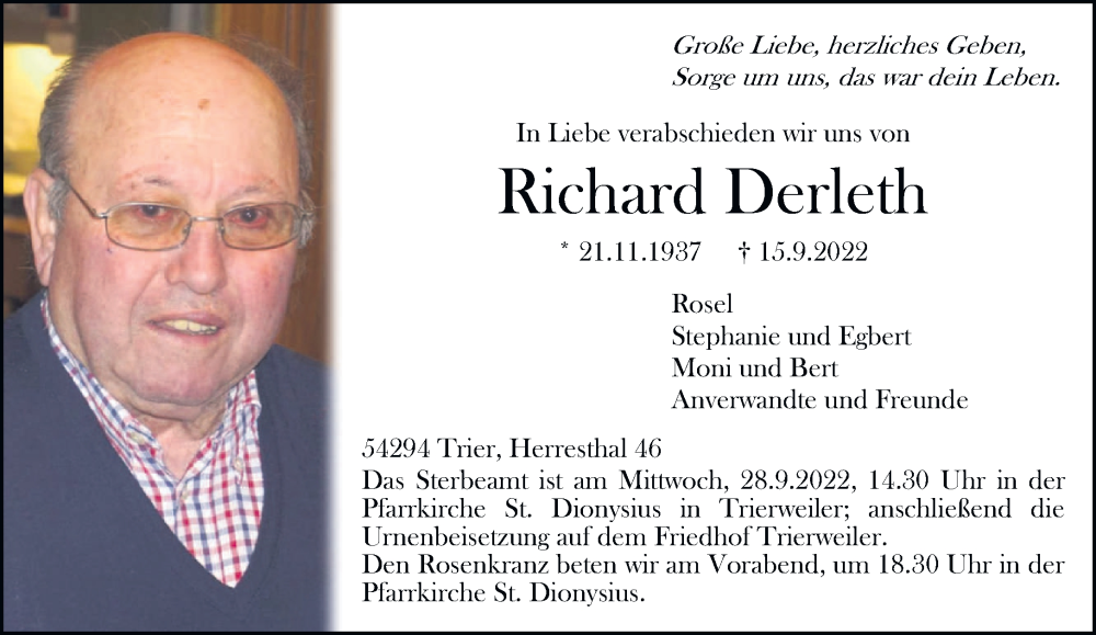  Traueranzeige für Richard Derleth vom 24.09.2022 aus trierischer_volksfreund