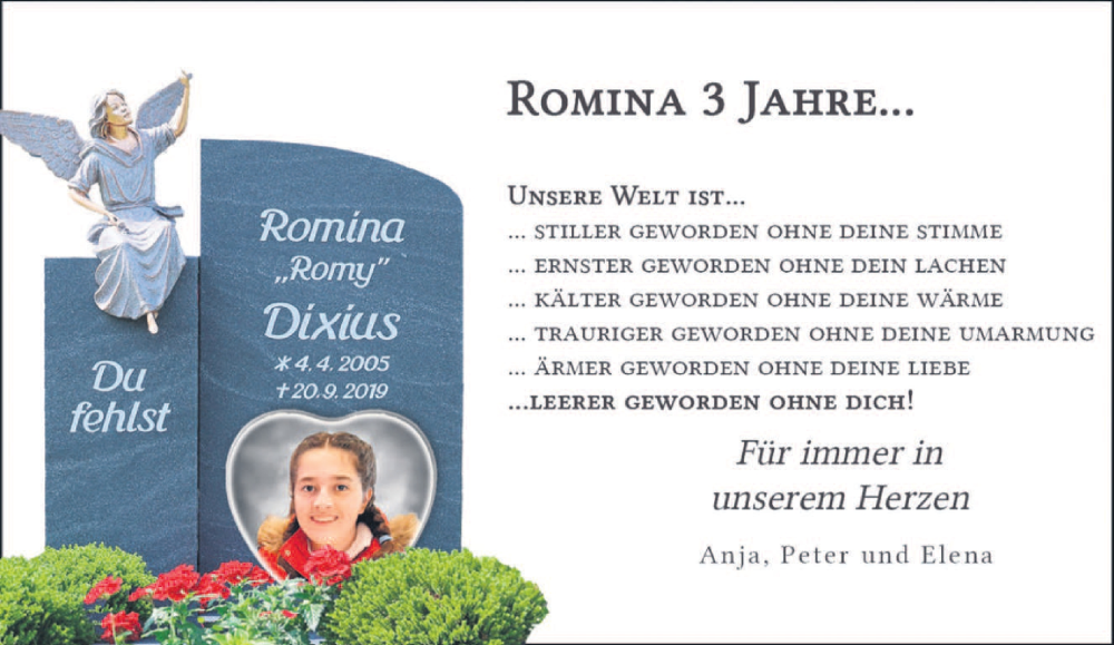  Traueranzeige für Romina Dixius vom 17.09.2022 aus trierischer_volksfreund