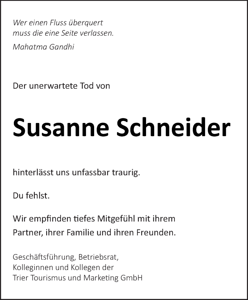  Traueranzeige für Susanne Schneider vom 31.08.2022 aus trierischer_volksfreund