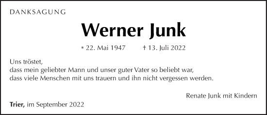 Traueranzeige von Werner Junk von trierischer_volksfreund