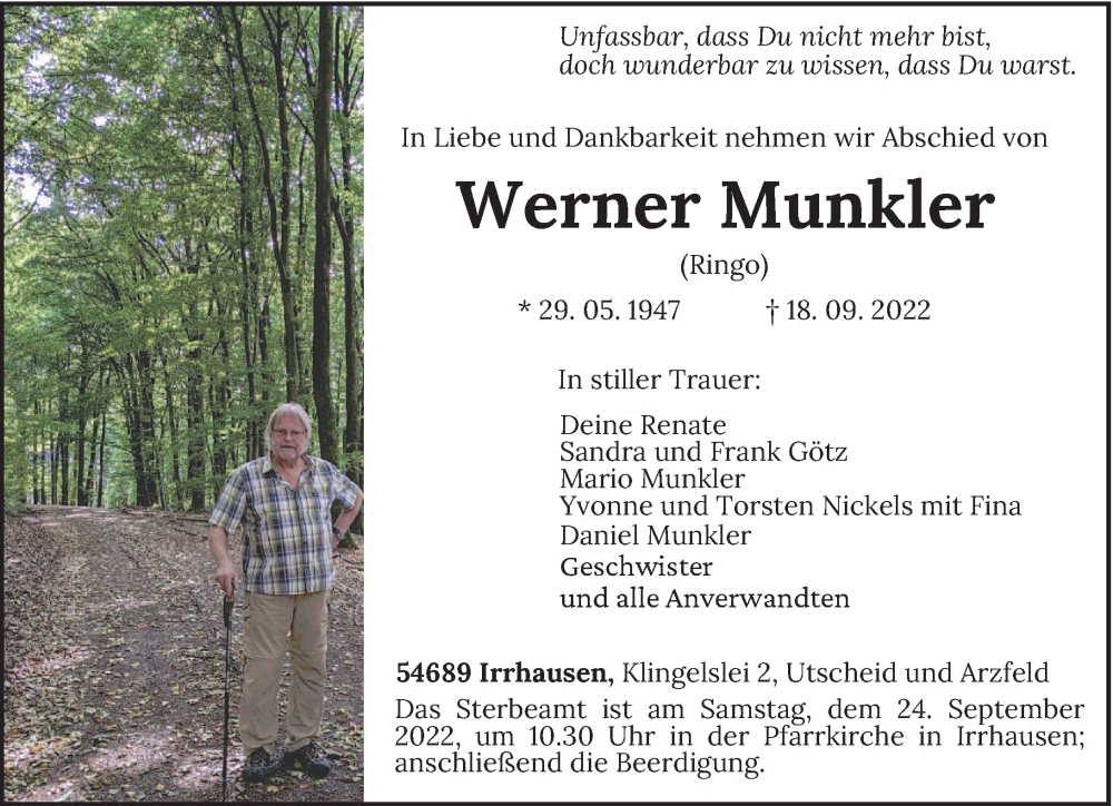  Traueranzeige für Werner Munkler vom 21.09.2022 aus trierischer_volksfreund