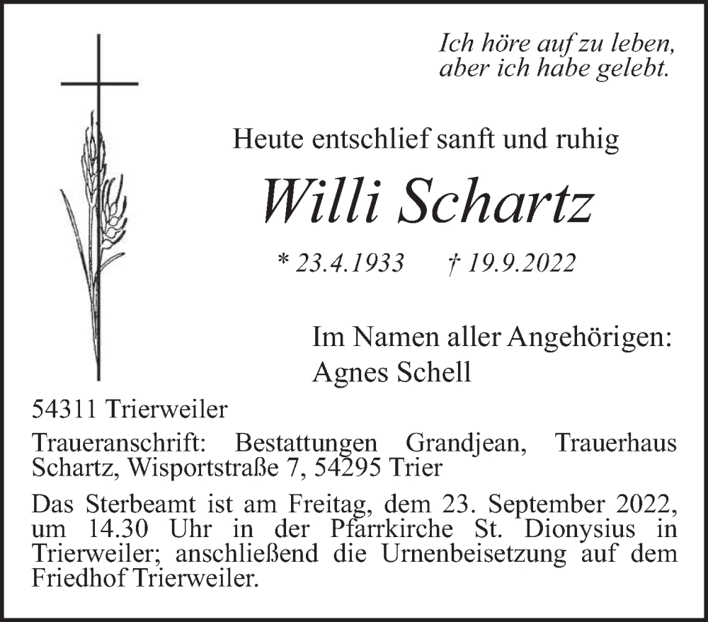  Traueranzeige für Willi Schartz vom 21.09.2022 aus trierischer_volksfreund