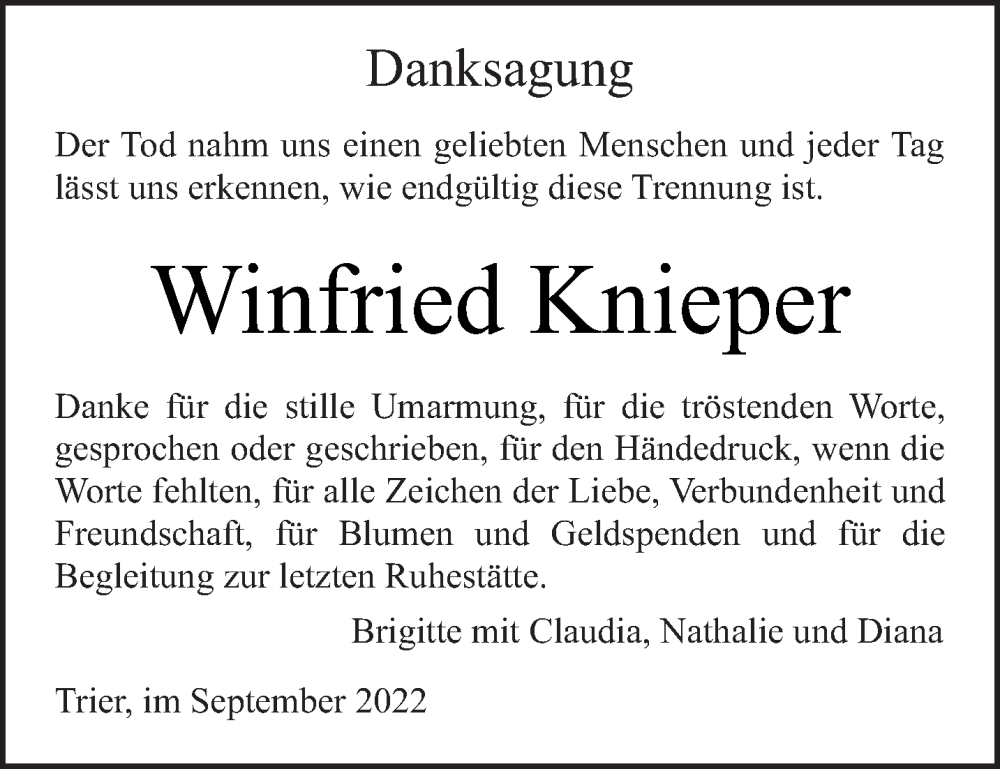  Traueranzeige für Winfried Knieper vom 24.09.2022 aus trierischer_volksfreund