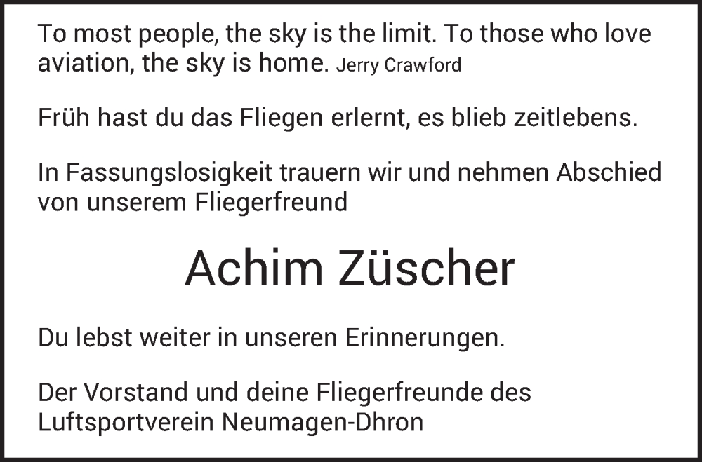  Traueranzeige für Achim Züscher vom 31.12.2022 aus trierischer_volksfreund