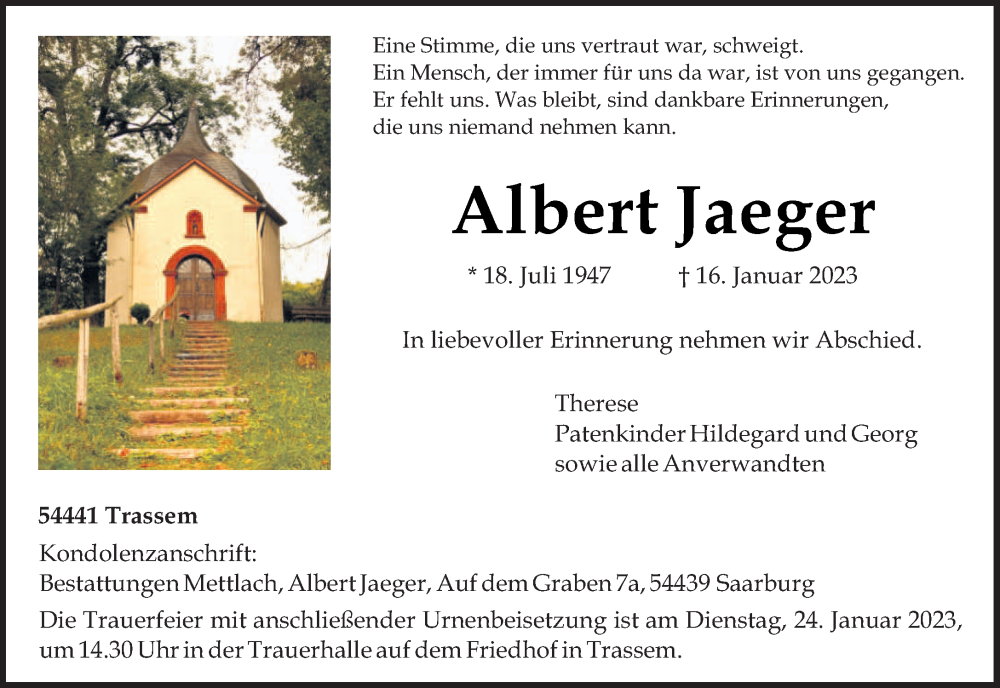  Traueranzeige für Albert Jaeger vom 21.01.2023 aus trierischer_volksfreund