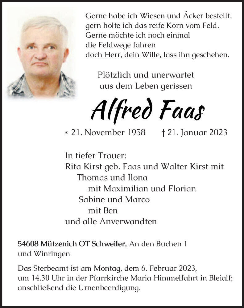  Traueranzeige für Alfred Faas vom 28.01.2023 aus trierischer_volksfreund