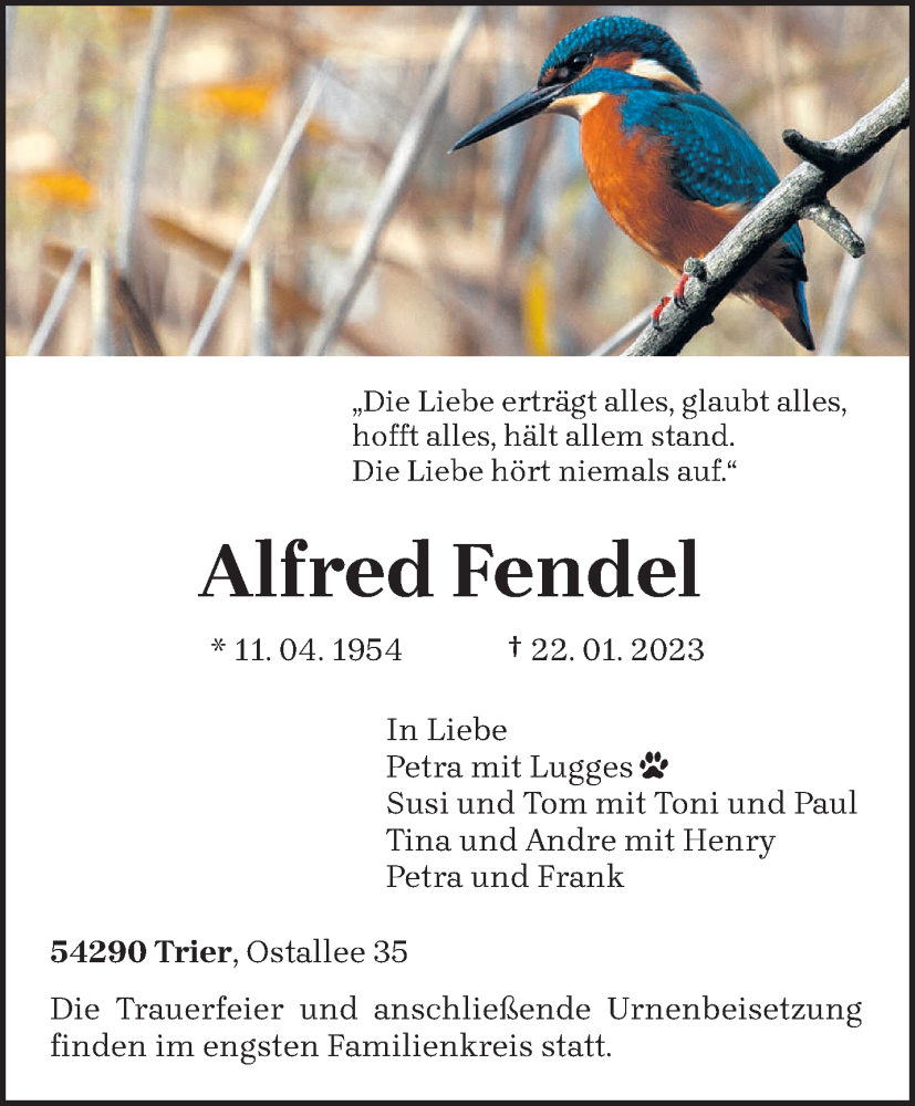  Traueranzeige für Alfred Fendel vom 28.01.2023 aus trierischer_volksfreund