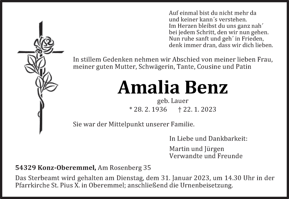  Traueranzeige für Amalia Benz vom 28.01.2023 aus trierischer_volksfreund