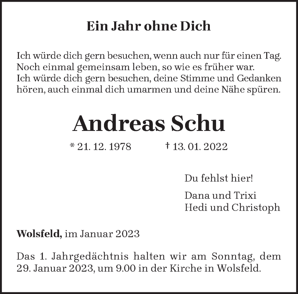  Traueranzeige für Andreas Schu vom 21.01.2023 aus trierischer_volksfreund