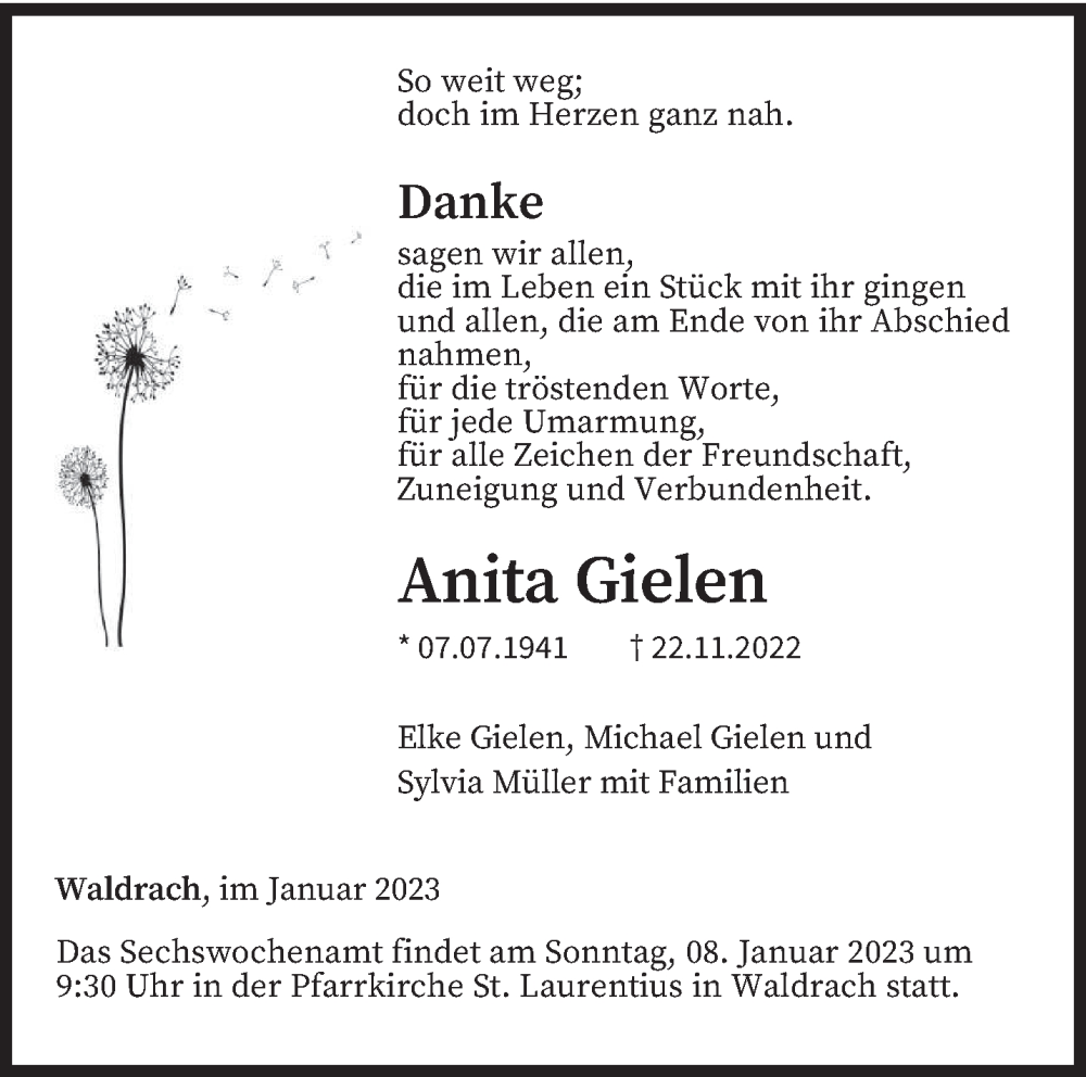 Traueranzeige für Anita Gielen vom 04.01.2023 aus trierischer_volksfreund