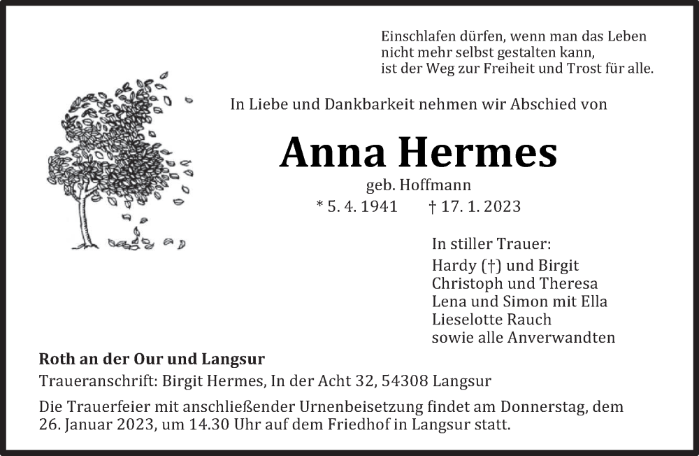  Traueranzeige für Anna Hermes vom 21.01.2023 aus trierischer_volksfreund