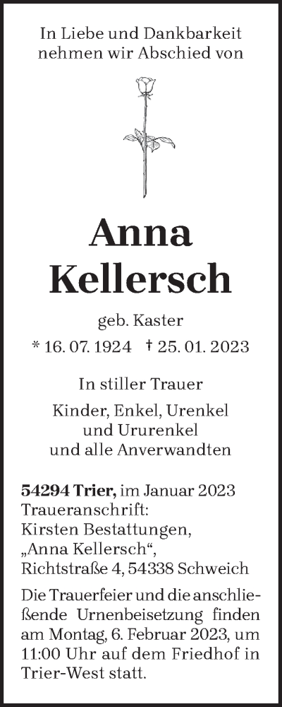  Traueranzeige für Anna Kellersch vom 28.01.2023 aus trierischer_volksfreund