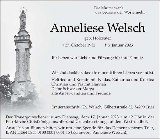 Traueranzeige von Anneliese Welsch von trierischer_volksfreund