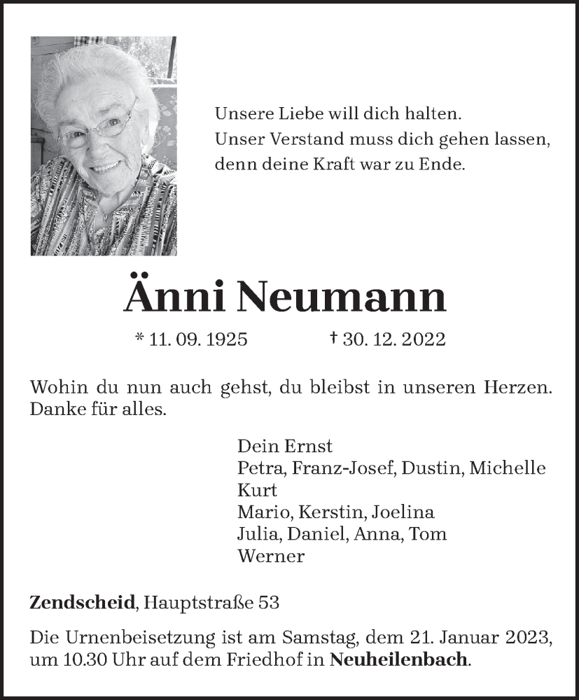 Traueranzeigen Von Anni Neumann | Volksfreund.Trauer.de