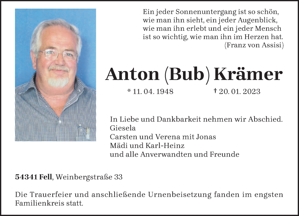  Traueranzeige für Anton Krämer vom 28.01.2023 aus trierischer_volksfreund