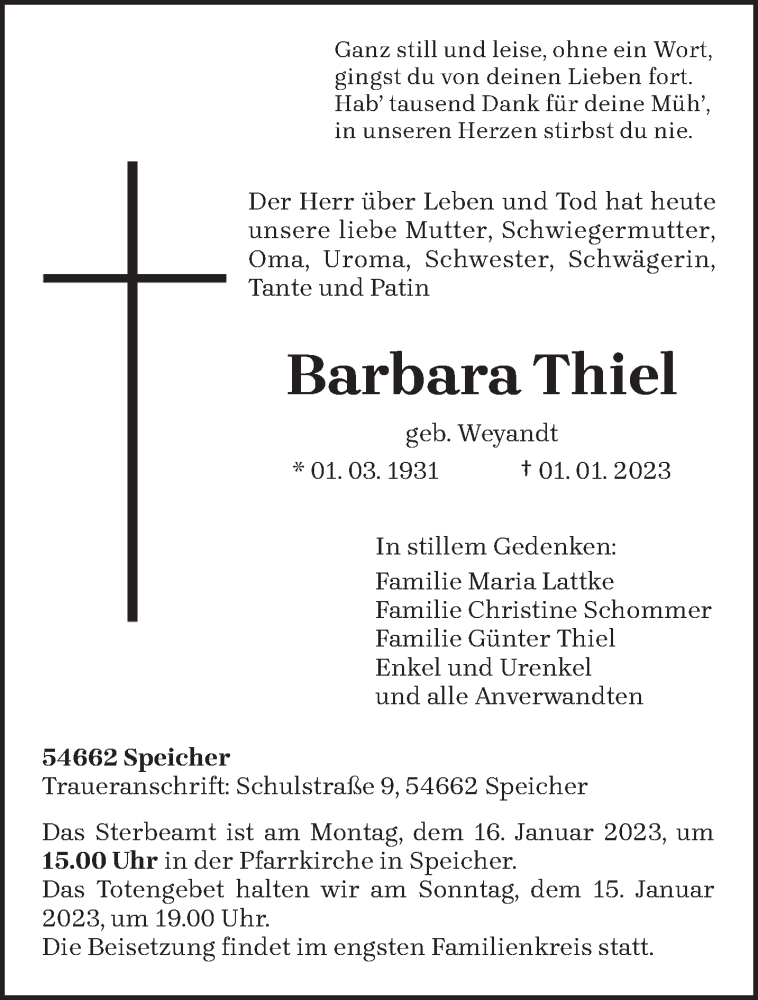  Traueranzeige für Barbara Thiel vom 07.01.2023 aus trierischer_volksfreund