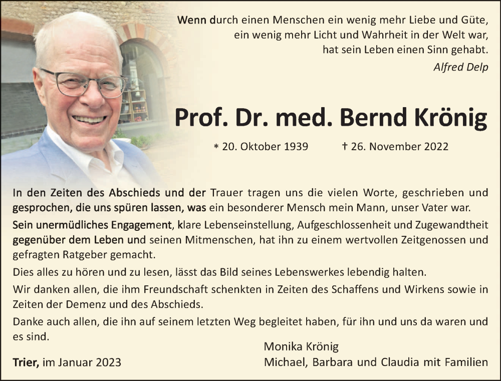  Traueranzeige für Bernd Krönig vom 14.01.2023 aus trierischer_volksfreund