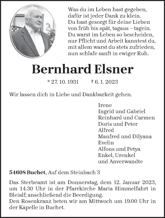 Traueranzeigen Von Bernhard Elsner | Volksfreund.Trauer.de