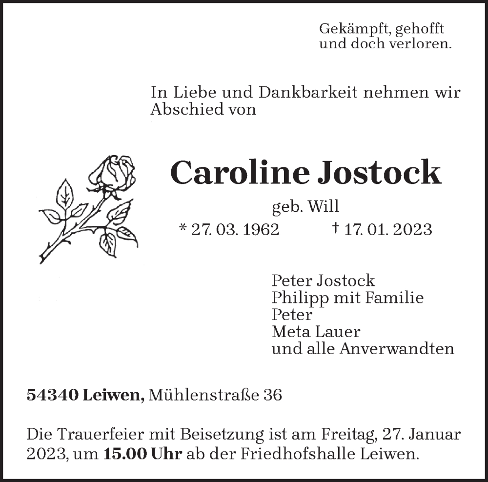  Traueranzeige für Caroline Jostock vom 21.01.2023 aus trierischer_volksfreund