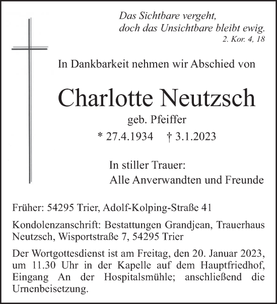Traueranzeige von Charlotte Neutzsch von trierischer_volksfreund