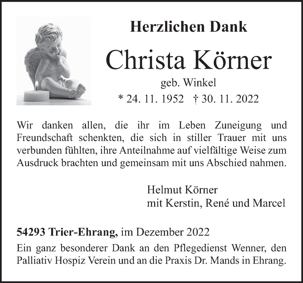  Traueranzeige für Christa Körner vom 31.12.2022 aus trierischer_volksfreund