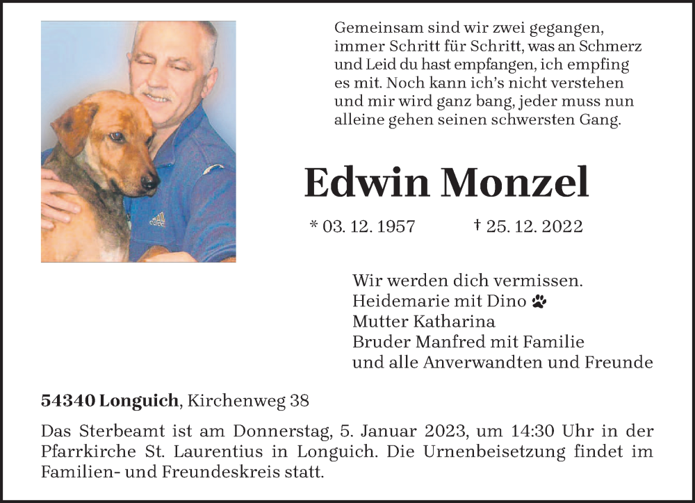  Traueranzeige für Edwin Monzel vom 31.12.2022 aus trierischer_volksfreund