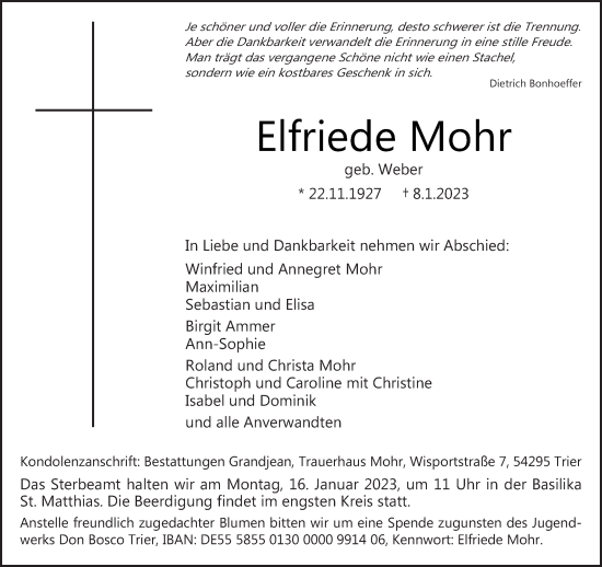 Traueranzeige von Elfriede Mohr von trierischer_volksfreund