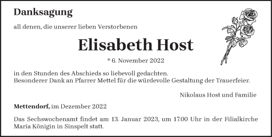 Traueranzeige von Elisabeth Host von trierischer_volksfreund