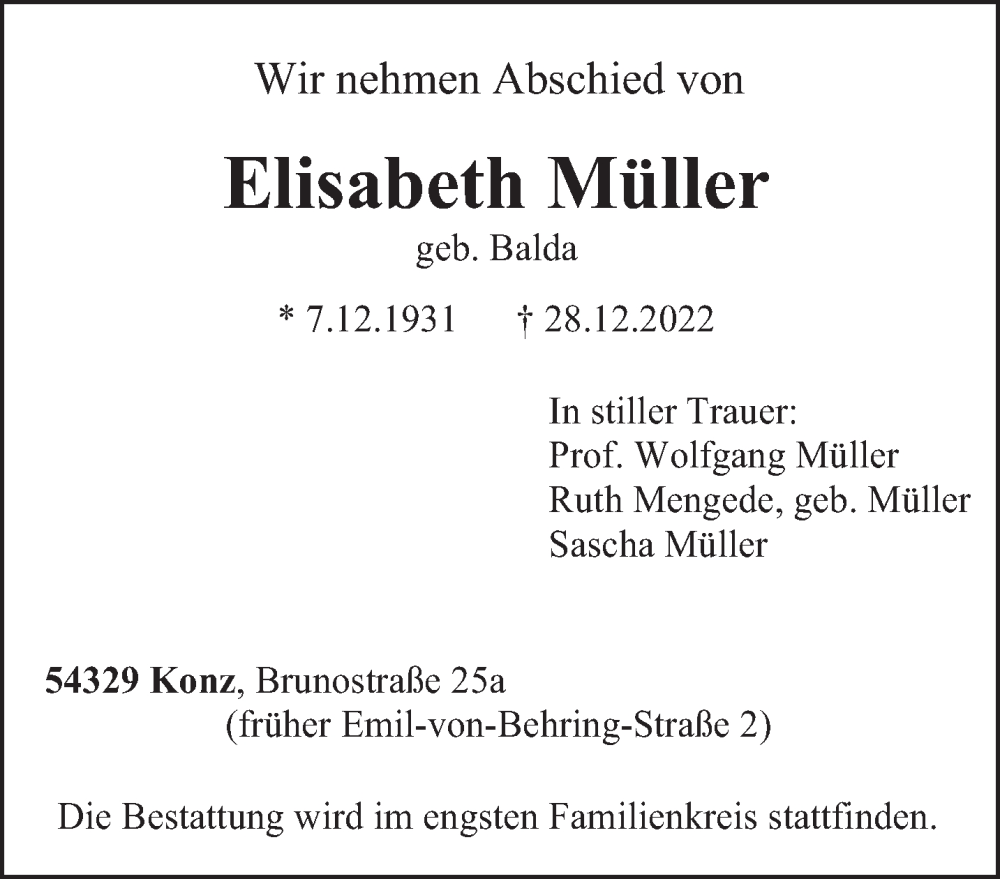  Traueranzeige für Elisabeth Müller vom 14.01.2023 aus trierischer_volksfreund
