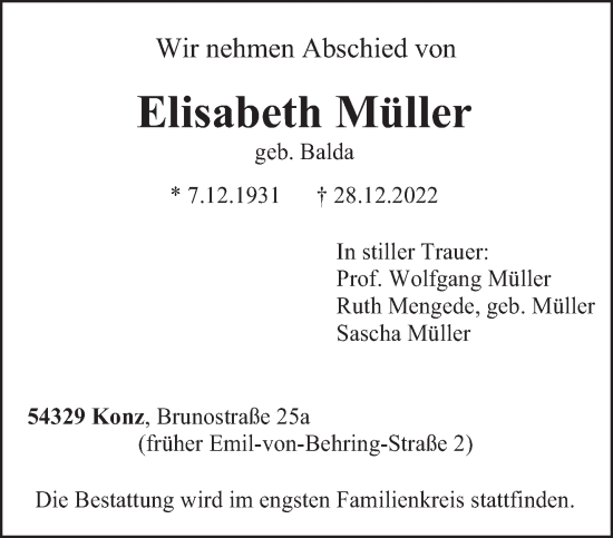 Traueranzeige von Elisabeth Müller von trierischer_volksfreund