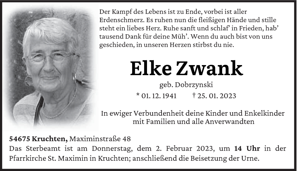  Traueranzeige für Elke Zwank vom 28.01.2023 aus trierischer_volksfreund