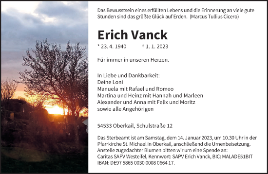 Traueranzeige von Erich Vanck von trierischer_volksfreund