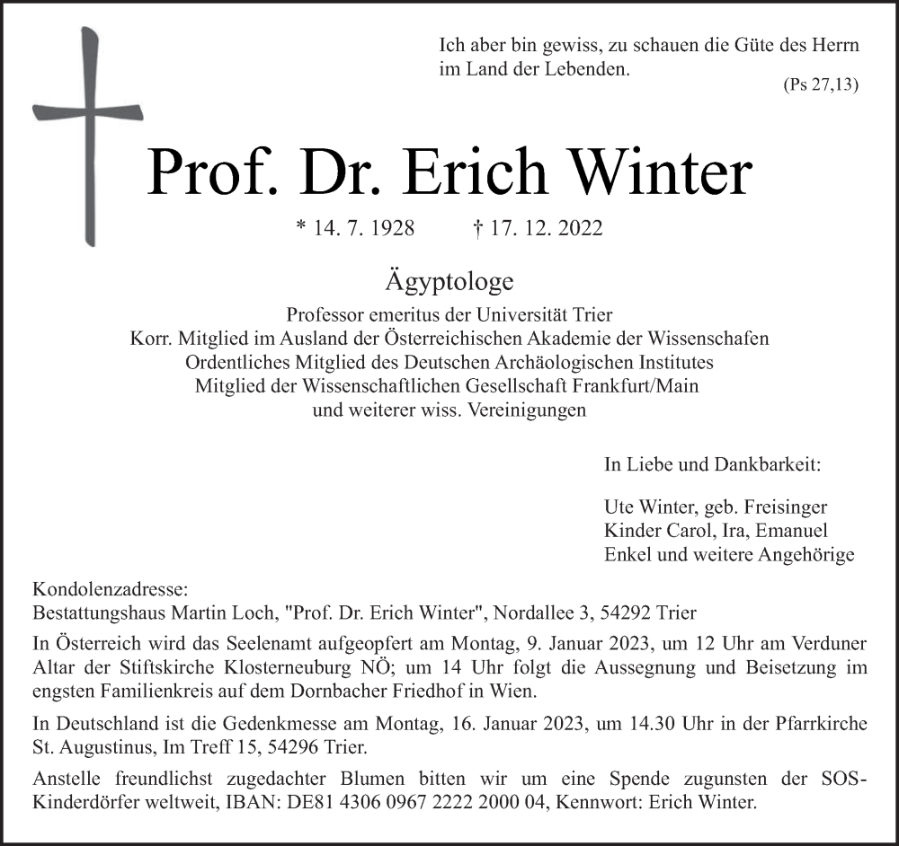  Traueranzeige für Erich Winter vom 31.12.2022 aus trierischer_volksfreund