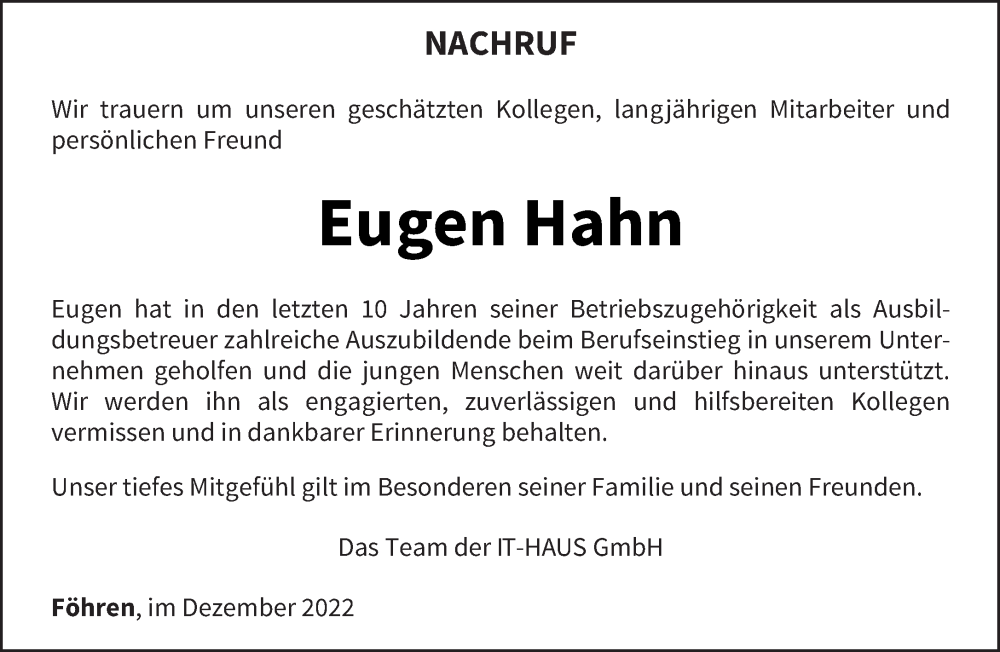  Traueranzeige für Eugen Hahn vom 31.12.2022 aus trierischer_volksfreund
