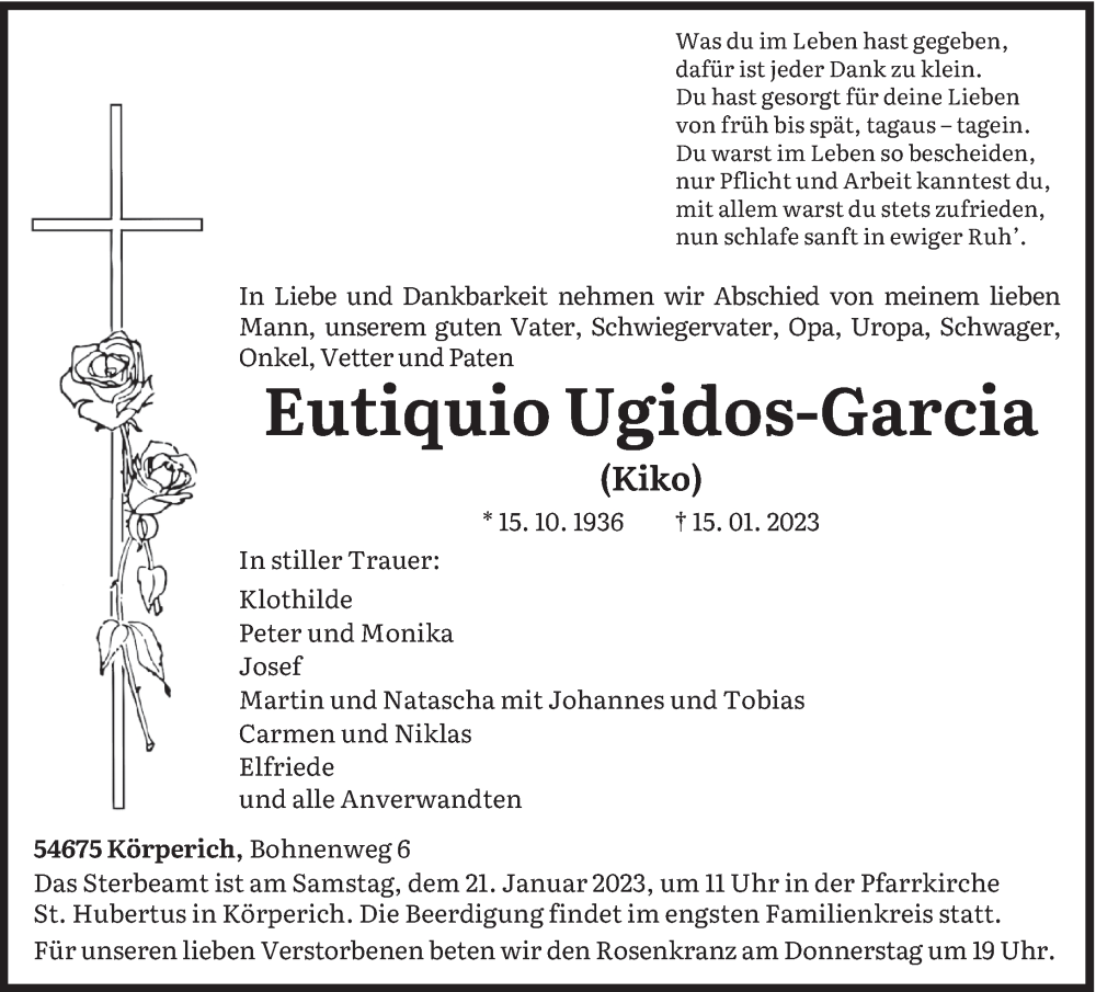  Traueranzeige für Eutiquio Ugidos-Garcia vom 18.01.2023 aus trierischer_volksfreund