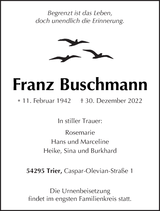 Traueranzeige von Franz Buschmann von trierischer_volksfreund