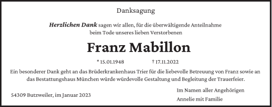 Traueranzeige von Franz Mabillon von trierischer_volksfreund