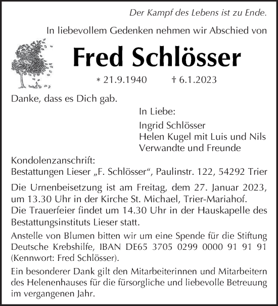 Traueranzeige von Fred Schlösser von trierischer_volksfreund
