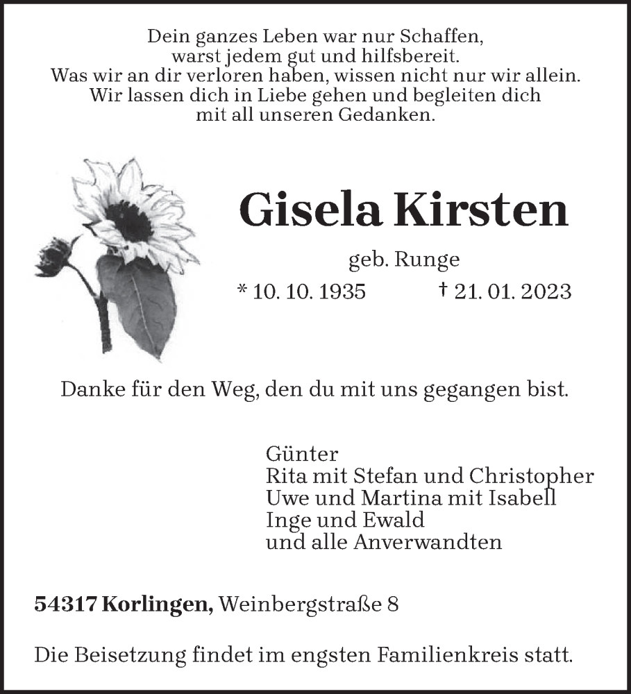  Traueranzeige für Gisela Kirsten vom 28.01.2023 aus trierischer_volksfreund