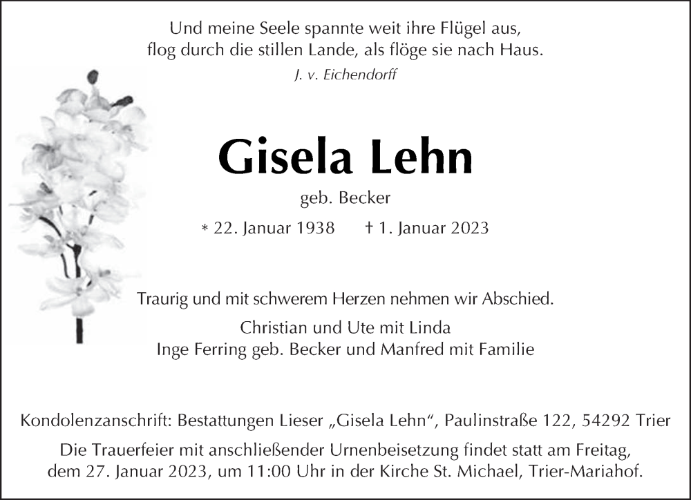  Traueranzeige für Gisela Lehn vom 14.01.2023 aus trierischer_volksfreund