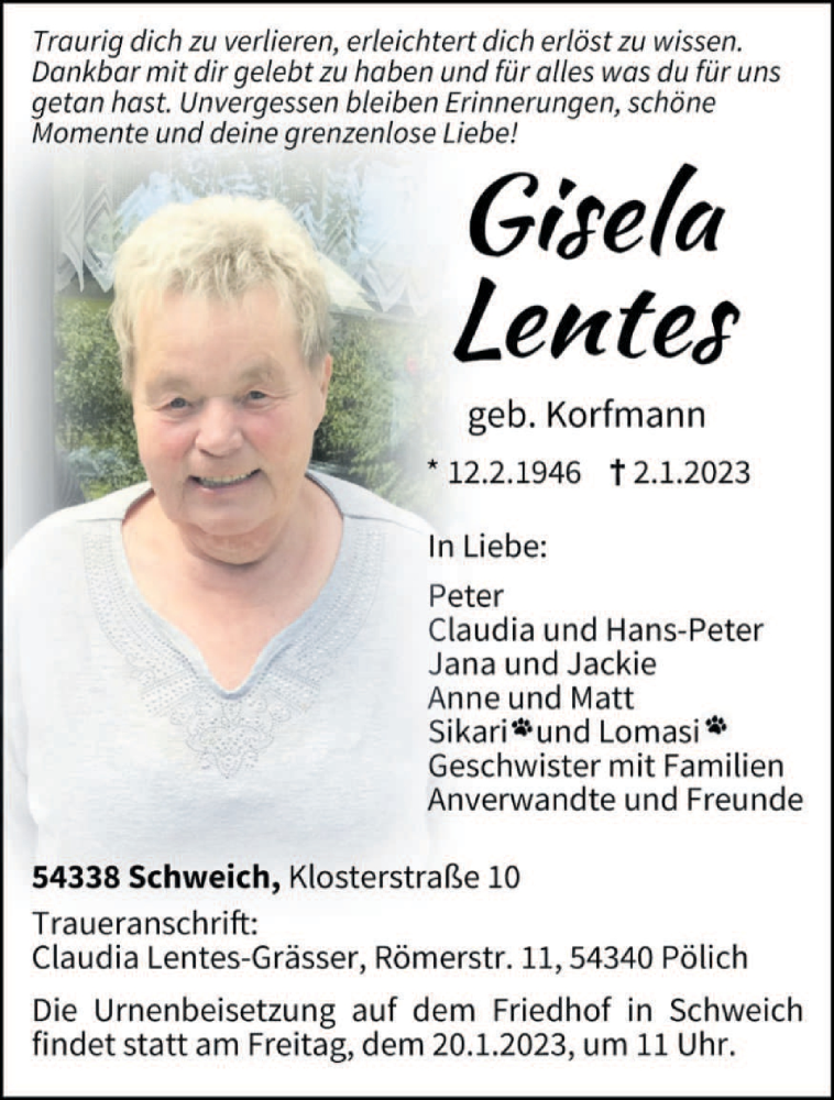  Traueranzeige für Gisela Lentes vom 14.01.2023 aus trierischer_volksfreund