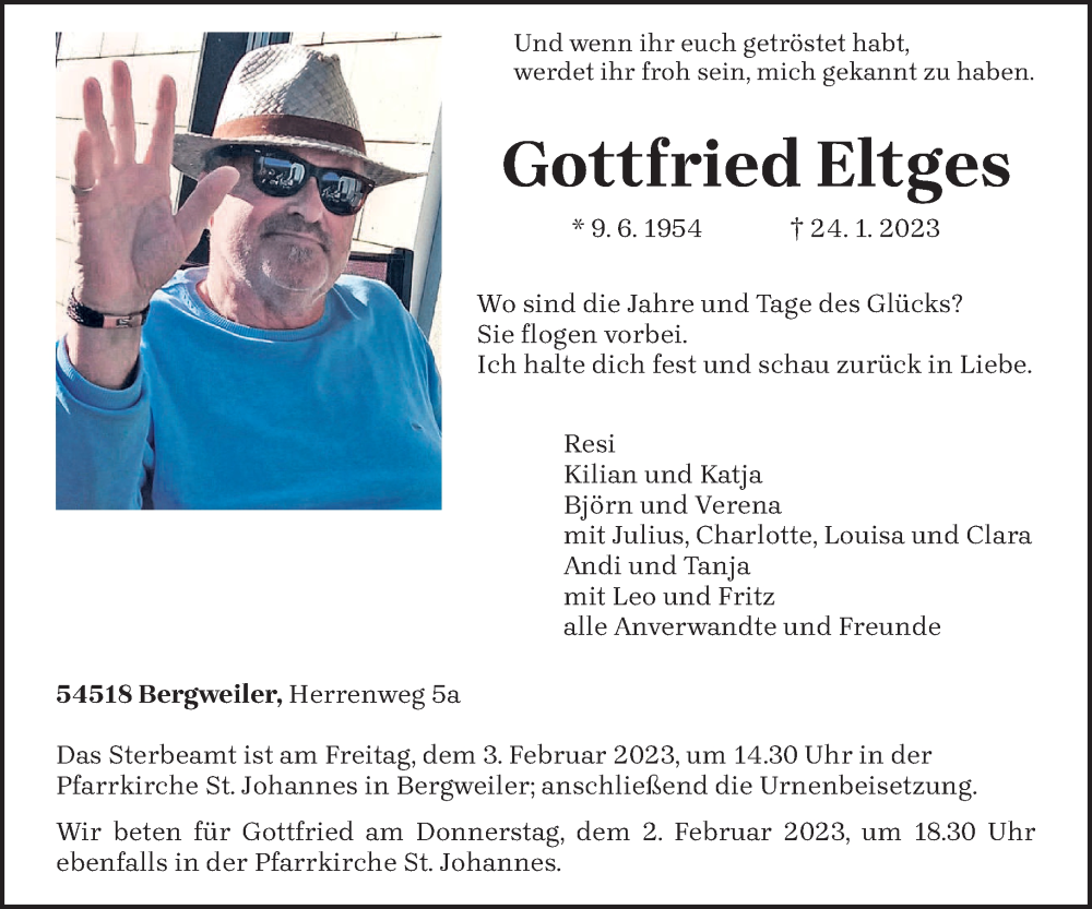  Traueranzeige für Gottfried Eltges vom 28.01.2023 aus trierischer_volksfreund