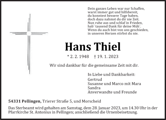 Traueranzeige von Hans Thiel von trierischer_volksfreund