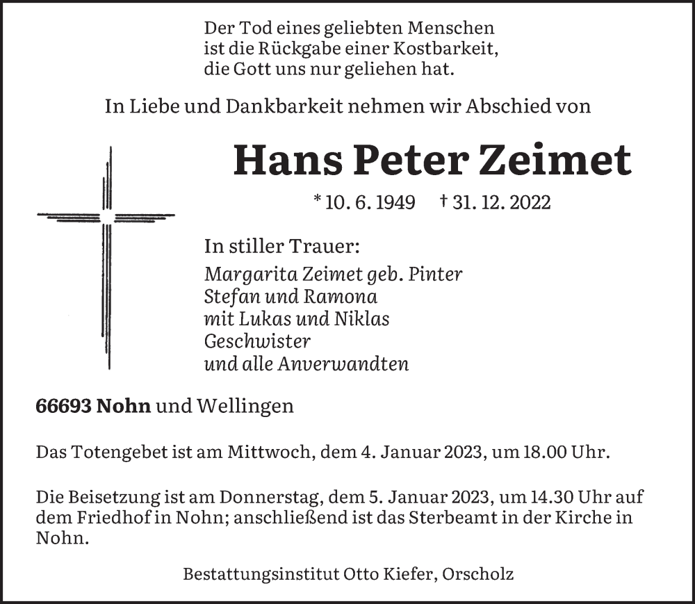  Traueranzeige für Hans Peter Zeimet vom 03.01.2023 aus trierischer_volksfreund