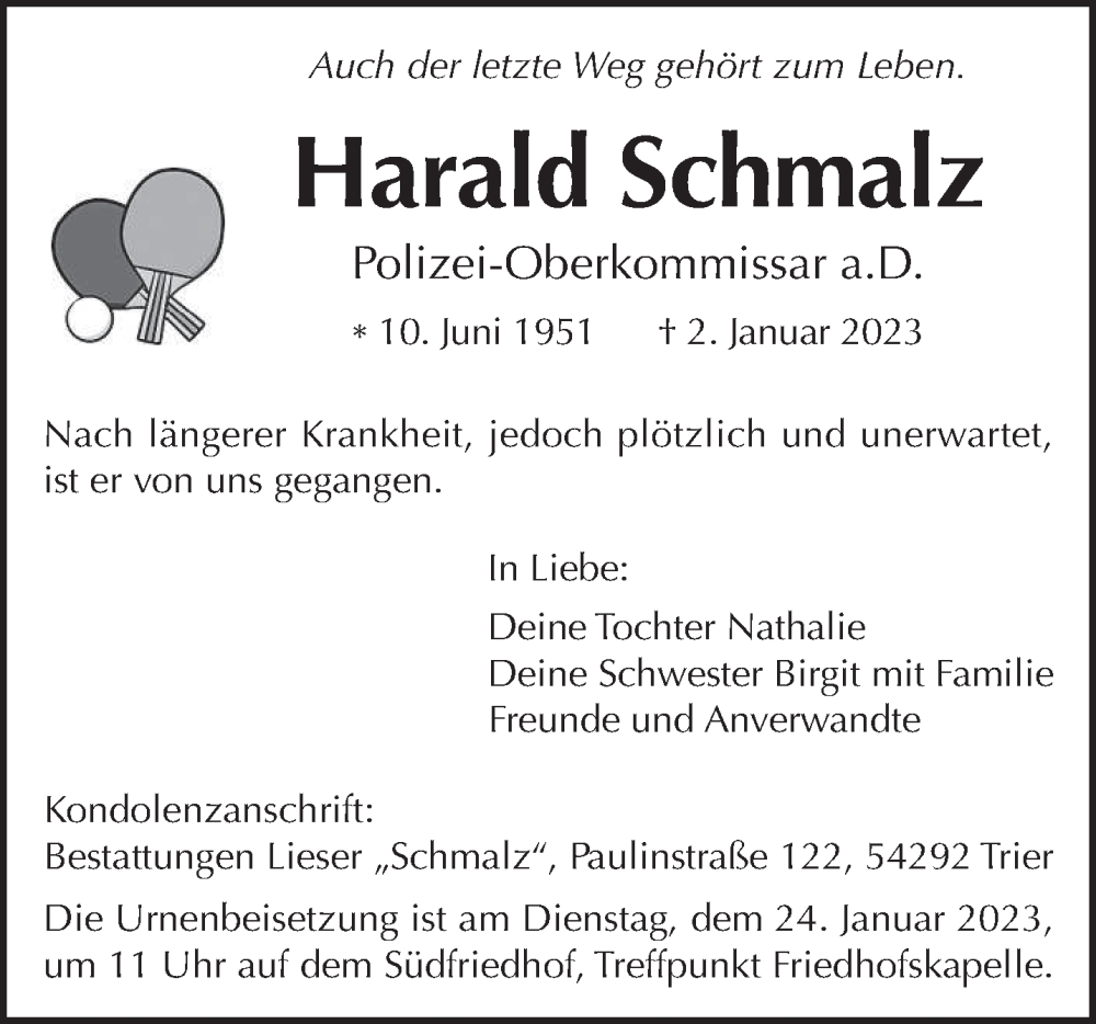  Traueranzeige für Harald Schmalz vom 21.01.2023 aus trierischer_volksfreund